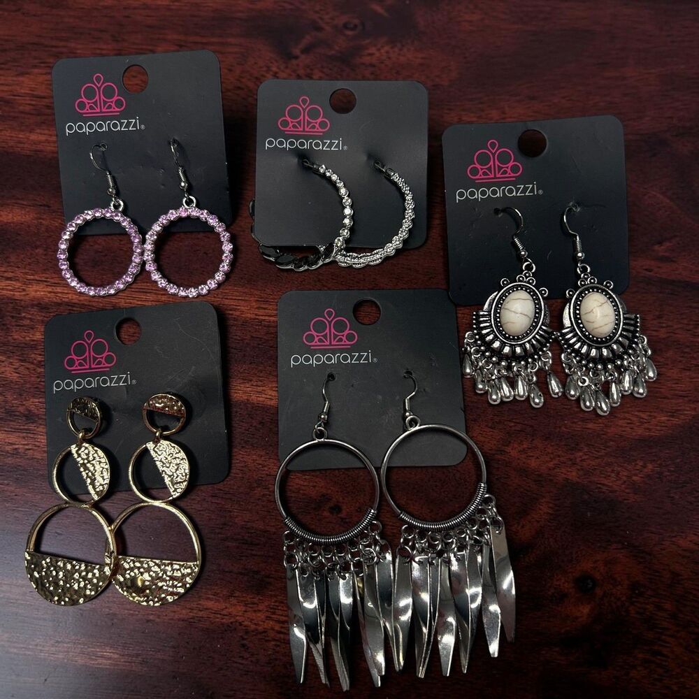 Paparazzi Statement Earrings Lot 5 Pairs Pink Rhinestone Gold Silver Boho Hoop
